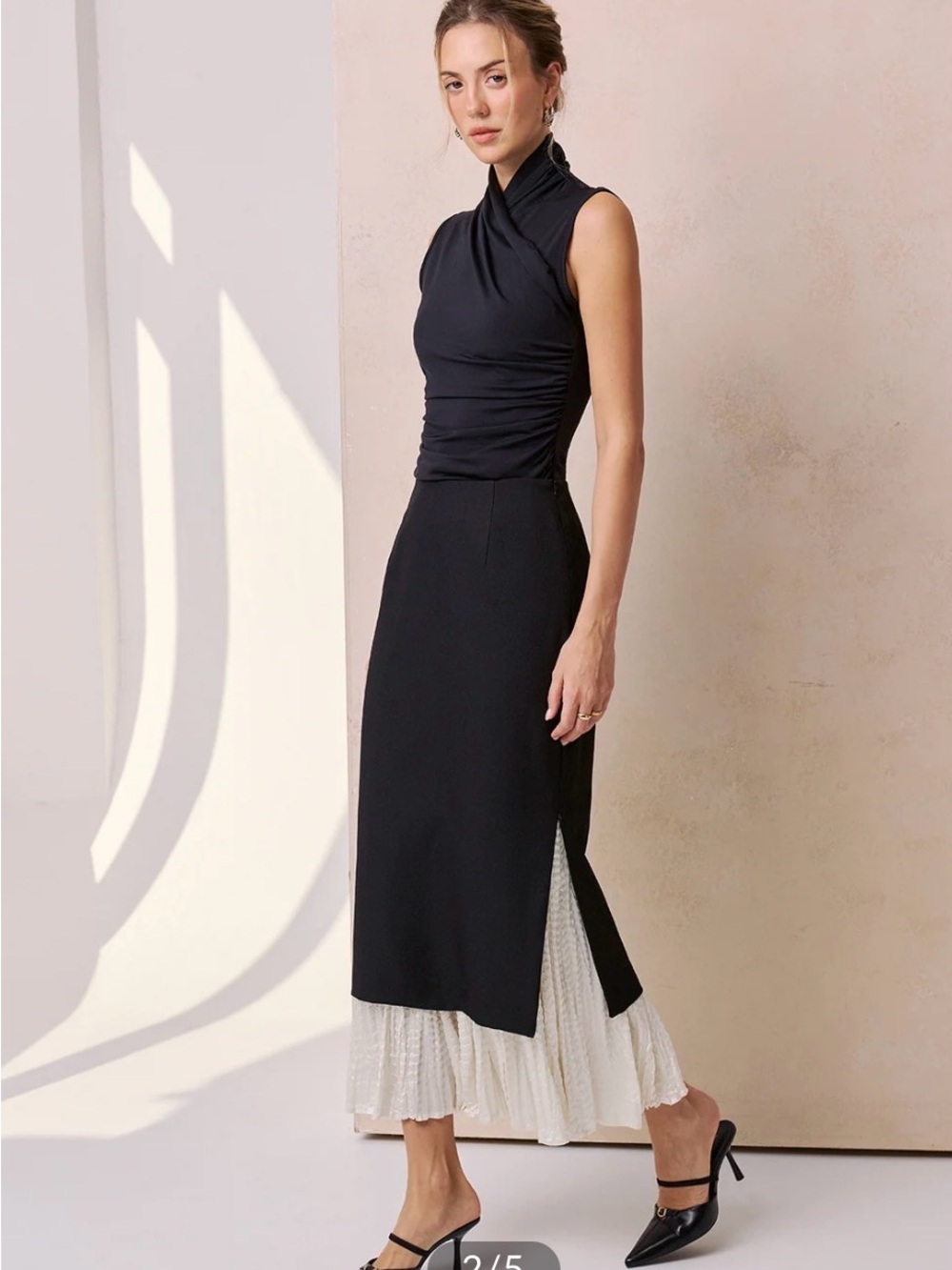 Commense Black Midi Skirt with White Pleated Hem - Picture 2 of 7